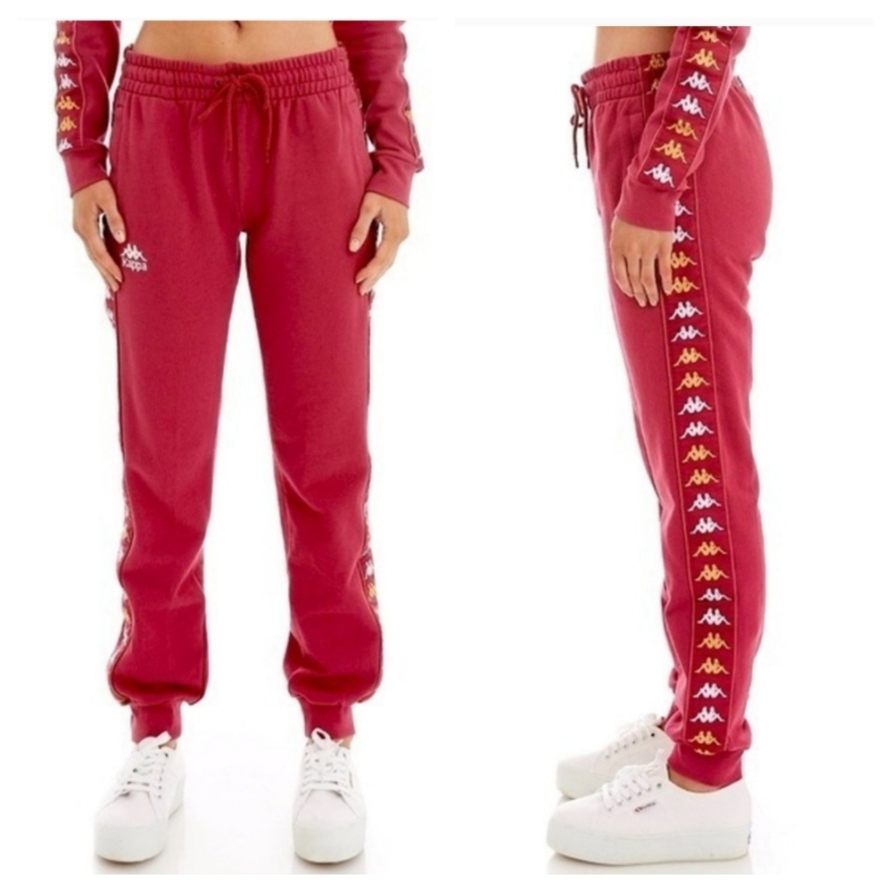 Kappa 222 Banda Track Pant Joggers in Burgundy with Yellow White Logo Stripe M